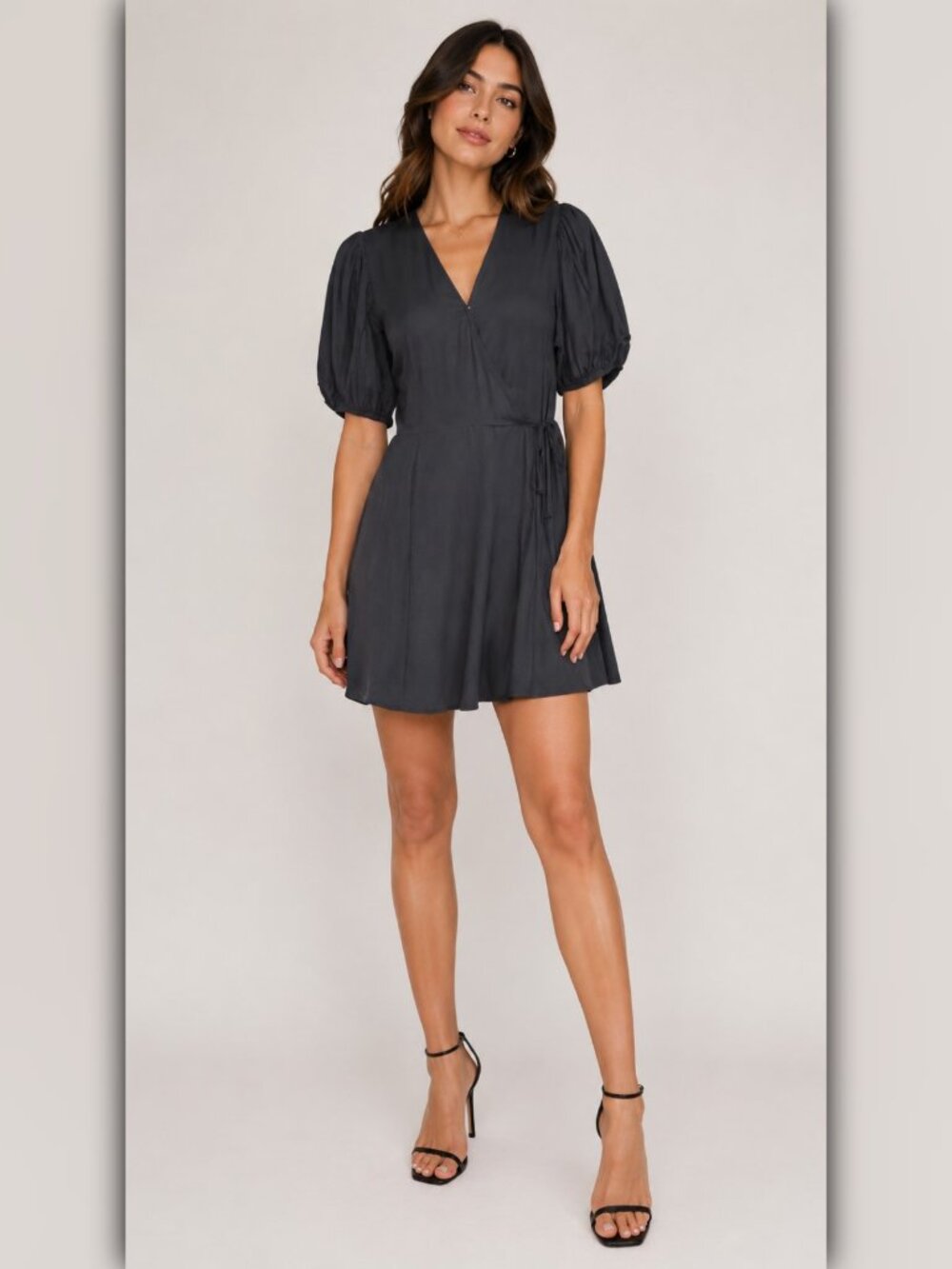 A141 • Black Puff Sleeve Wrap Mini Dress